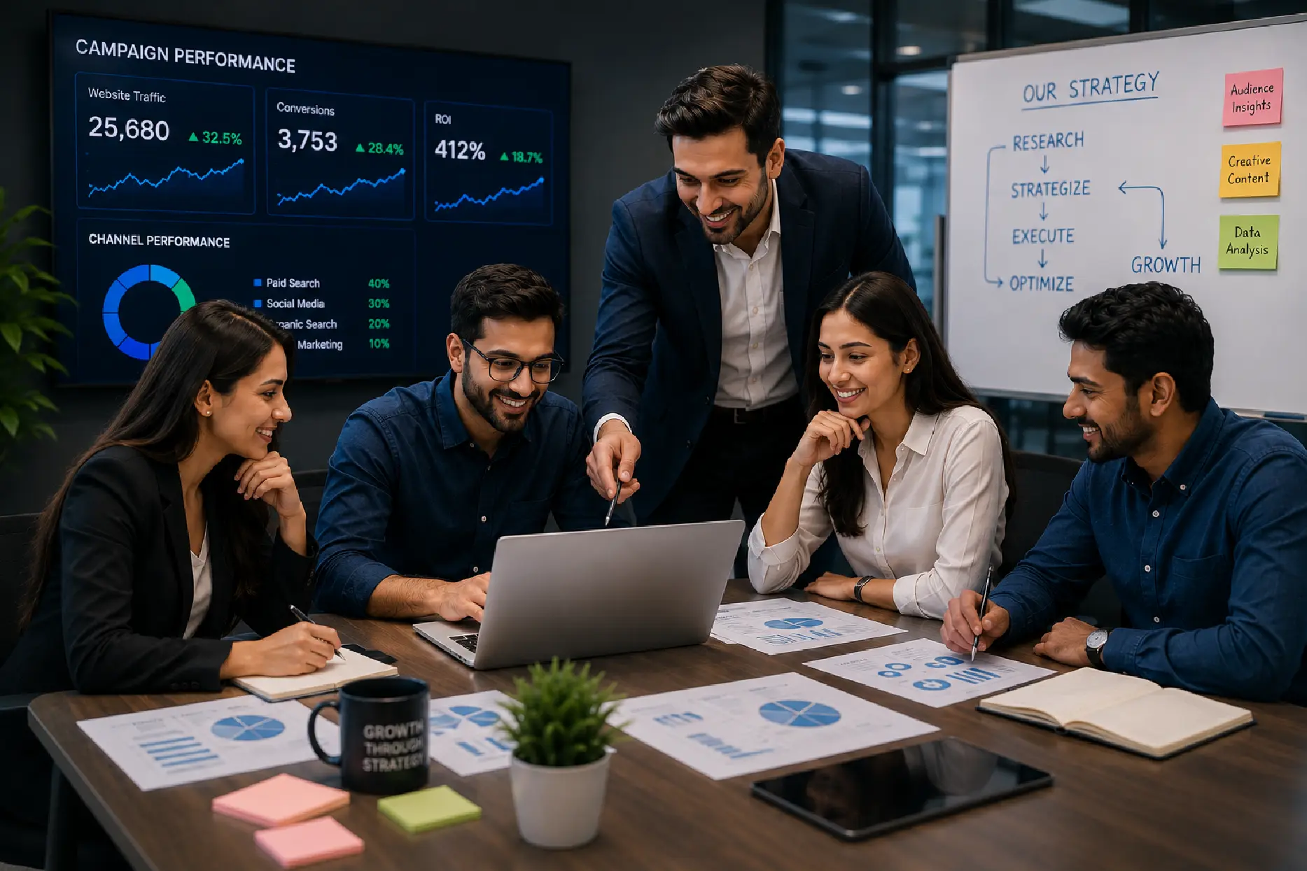 Digital marketing strategy dashboard showing growth metrics