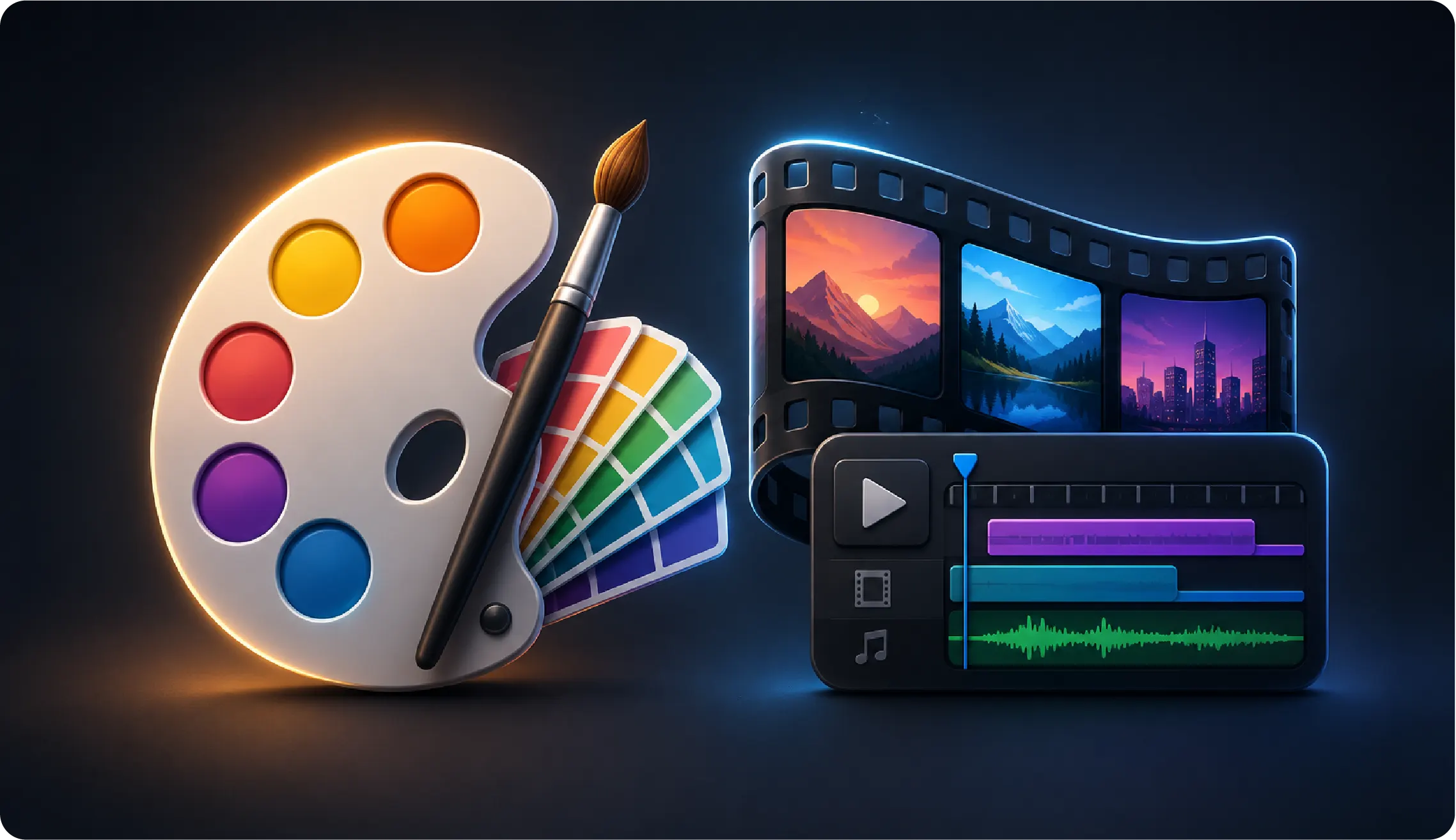 A design palette and film strip icon side by side, representing graphic design and video editing services.