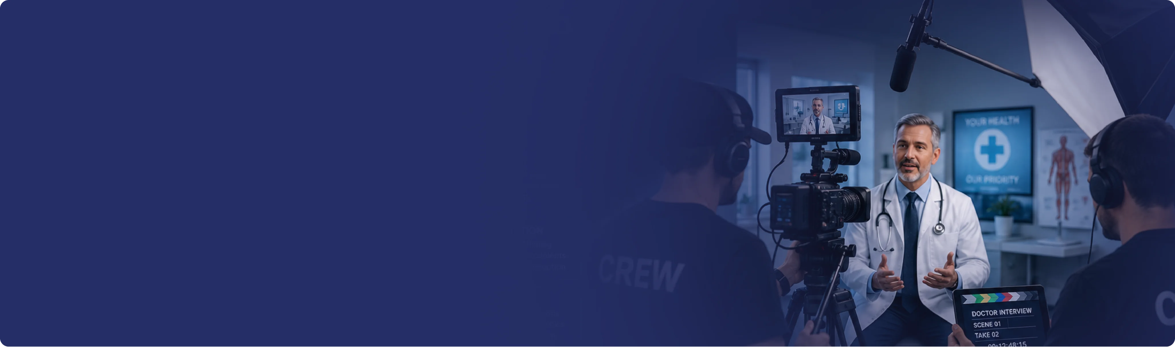 A video camera positioned beside a stethoscope, symbolizing professional video production services for healthcare organizations.