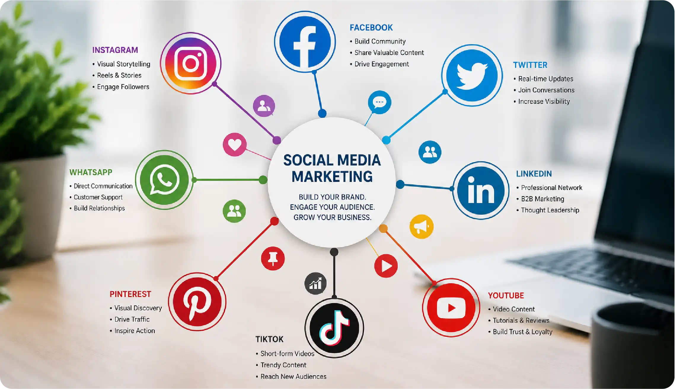 Colorful social media platform icons connected by lines, representing social media marketing and audience engagement.