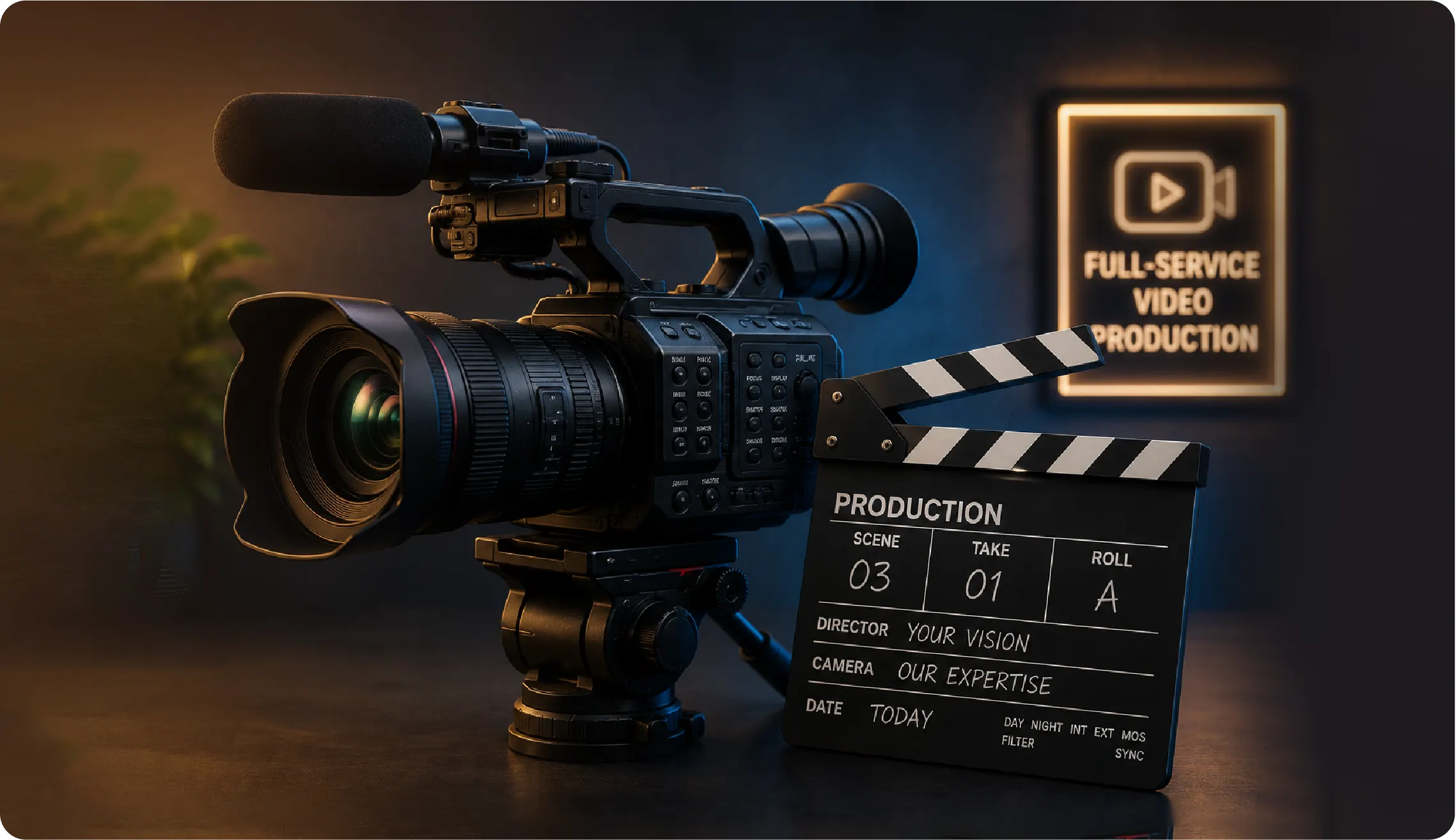 A professional video camera with a clapperboard, representing full-service video production.