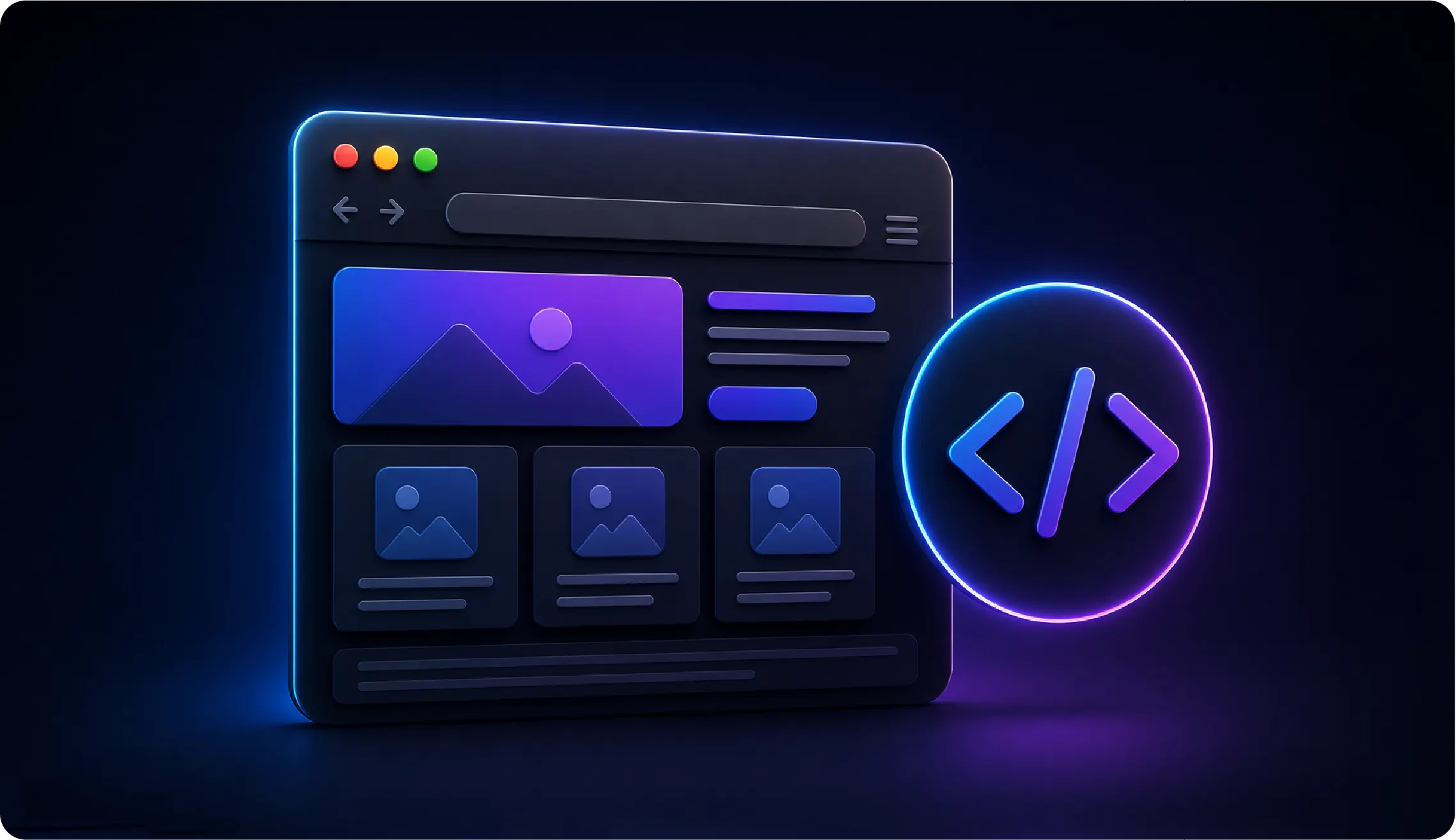 A browser window with a grid layout and code brackets, representing web design and development services.